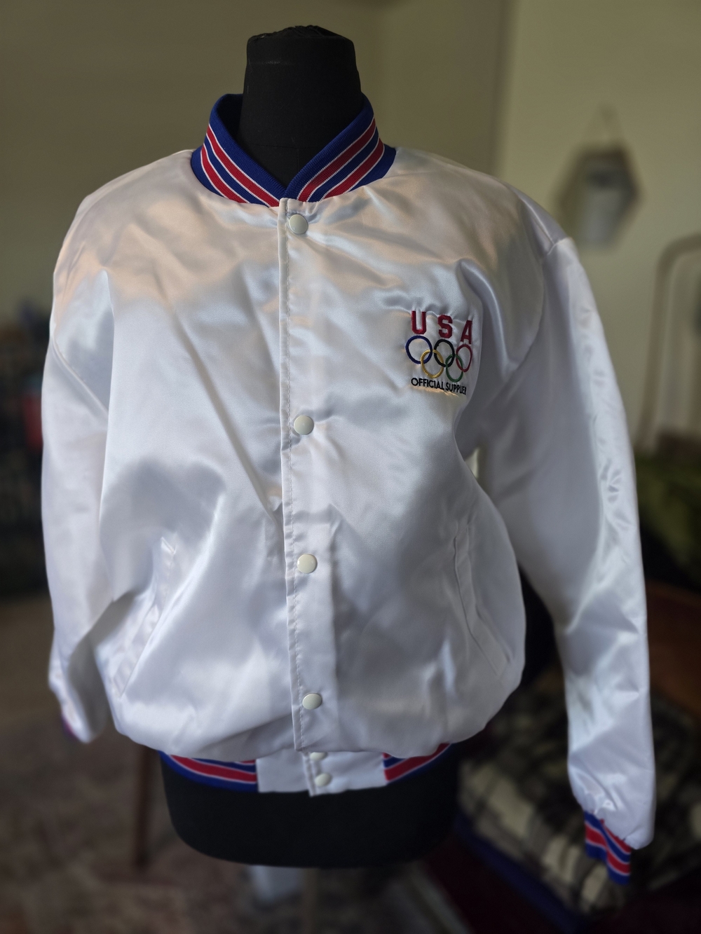 USA Olympic White Satin Adults Bomber Jacket
